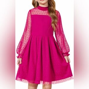 Girls' Pink Dot Mesh Long-Sleeve Dress